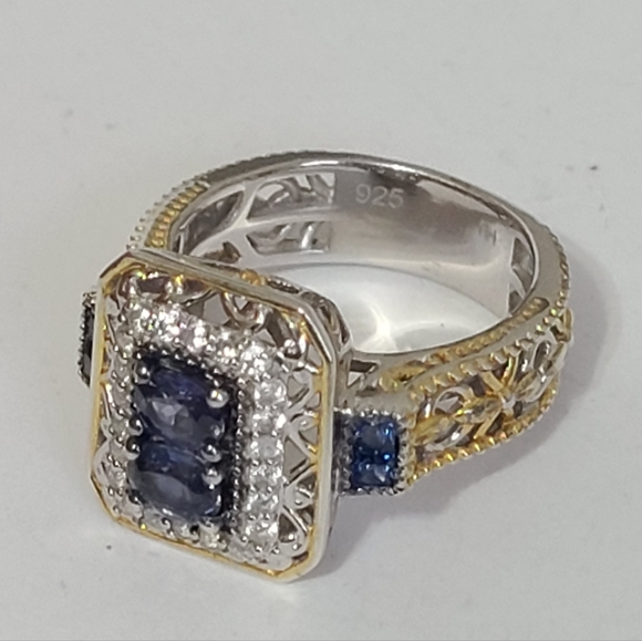 Gems en Vogue Boho Mogok Blue Sapphire 24K Plated Sterling Silver Statement Ring - Picture 10 of 16
